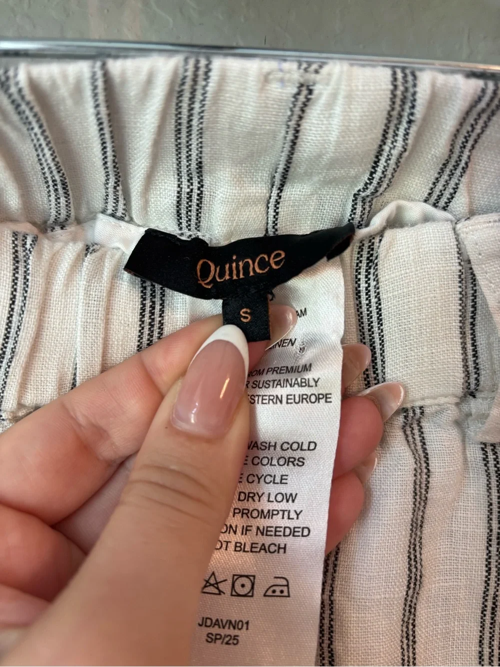 Quince 100% European Linen Pants Oatmeal Black Stripe Size Small